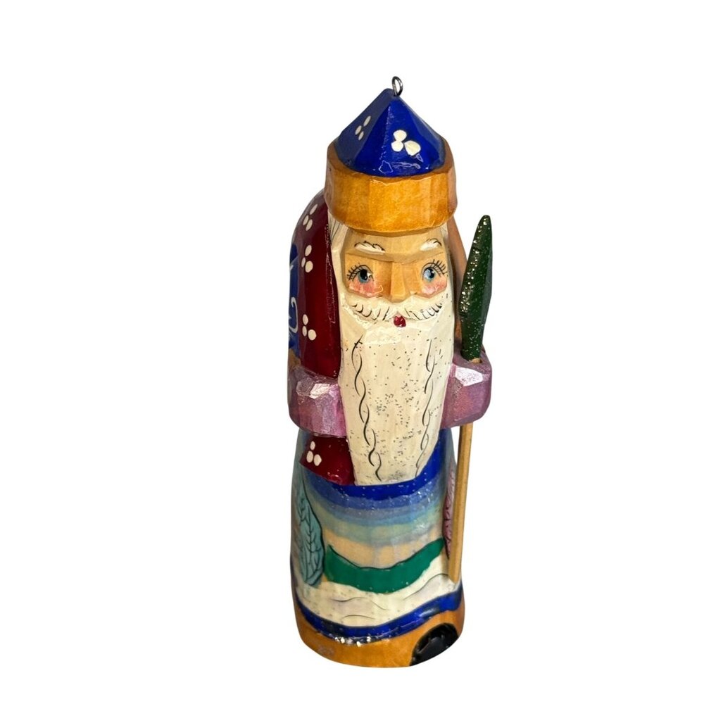 Hand Carved Russian Ded Moroz Father Frost Santa Ornament Signed 4 1/2" - Picture 2 of 6